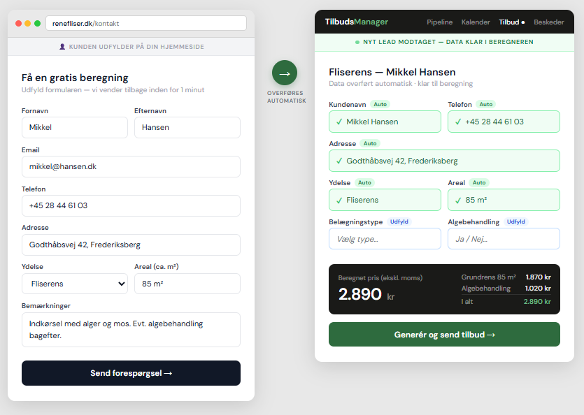 Data fra kontaktformular auto-udfyldt i beregneren