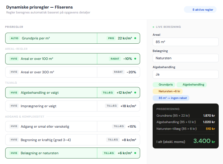 Dynamiske prisregler i beregneren