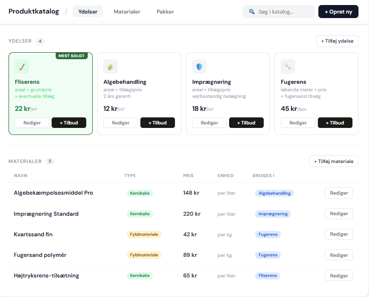 Produktkatalog med ydelseskort og materialtabel